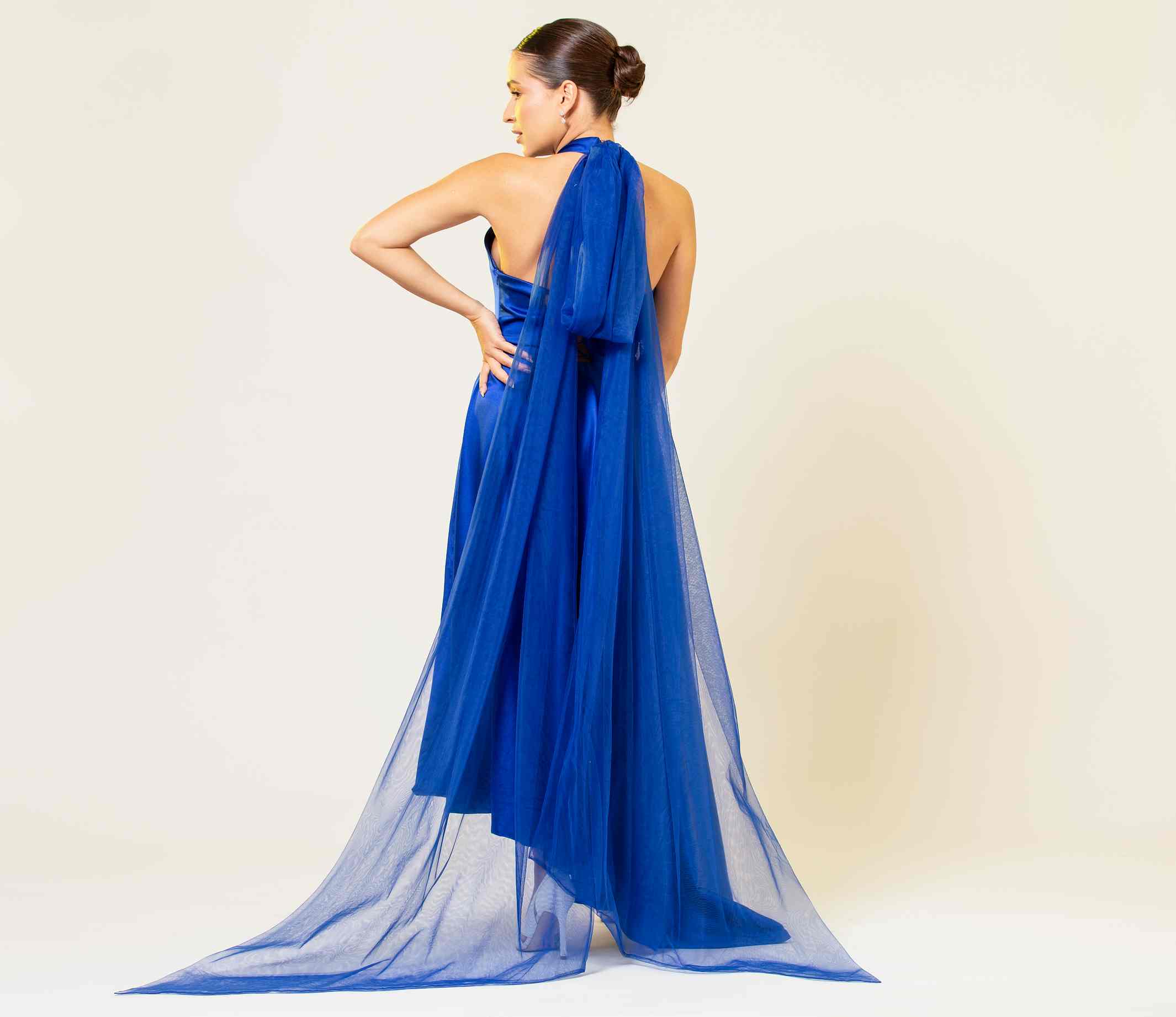 MIDNIGHT BLUE EMBROIDERED HALTER GOWN