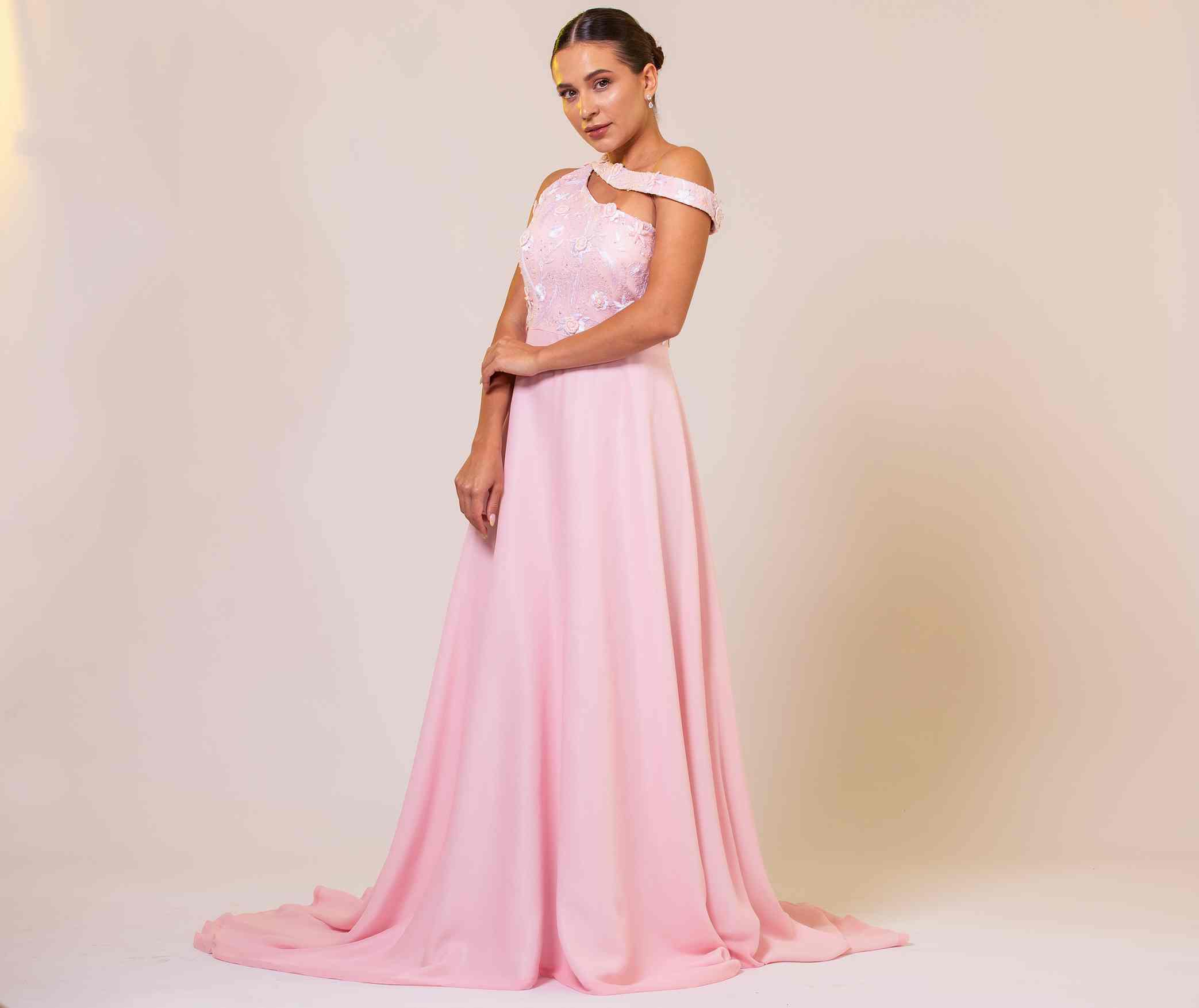 BLUSH PINK OFF-SHOULDER LACE GOWN