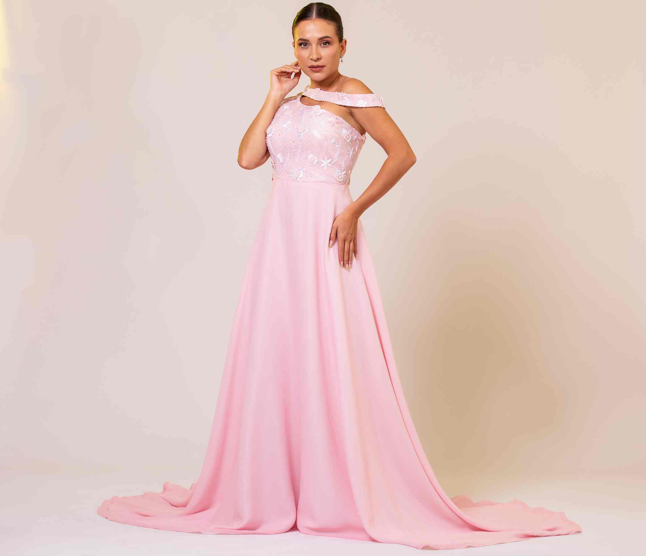 BLUSH PINK OFF-SHOULDER LACE GOWN