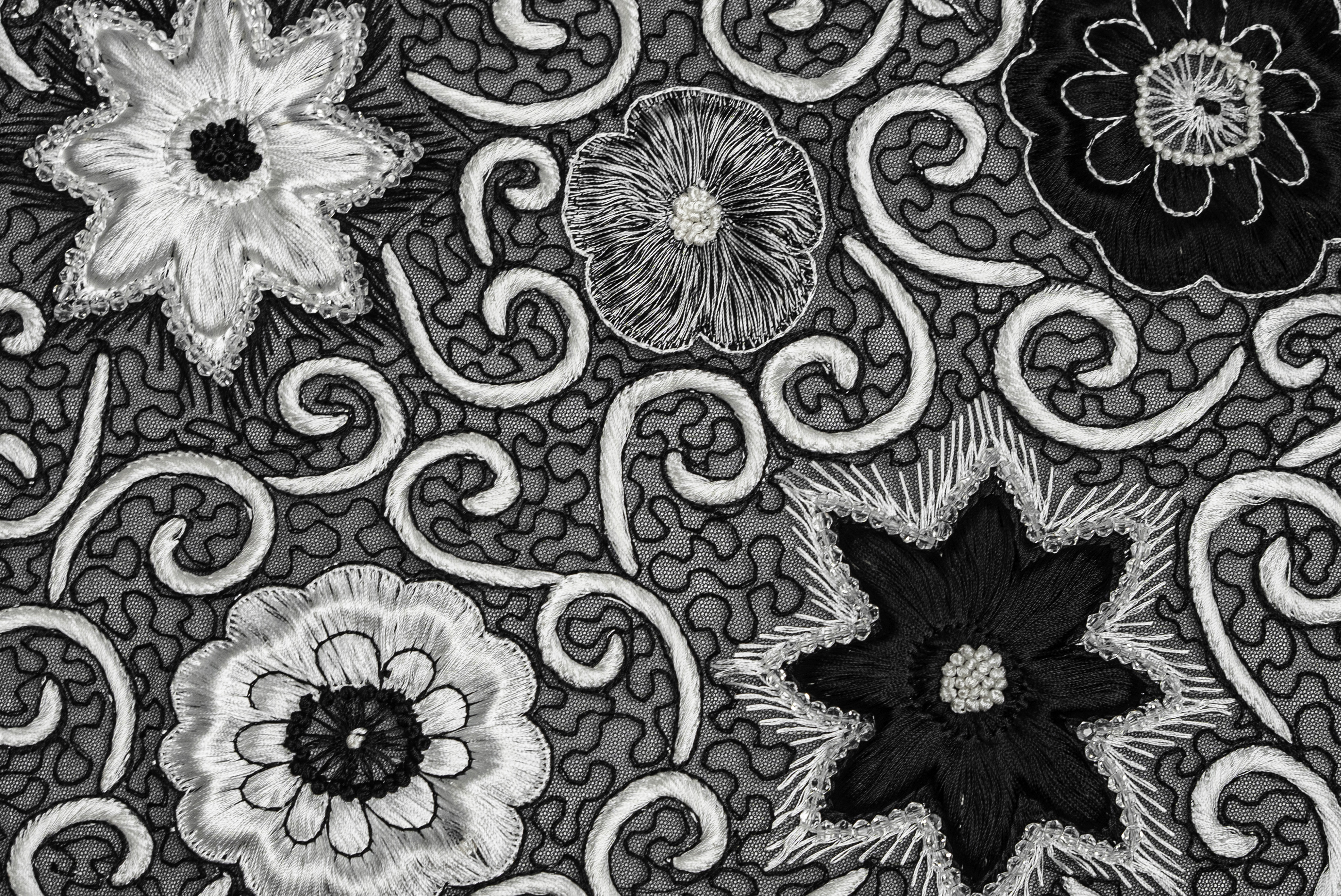 MONOCHROME FLORAL SWIRL EMBROIDERY TULLE