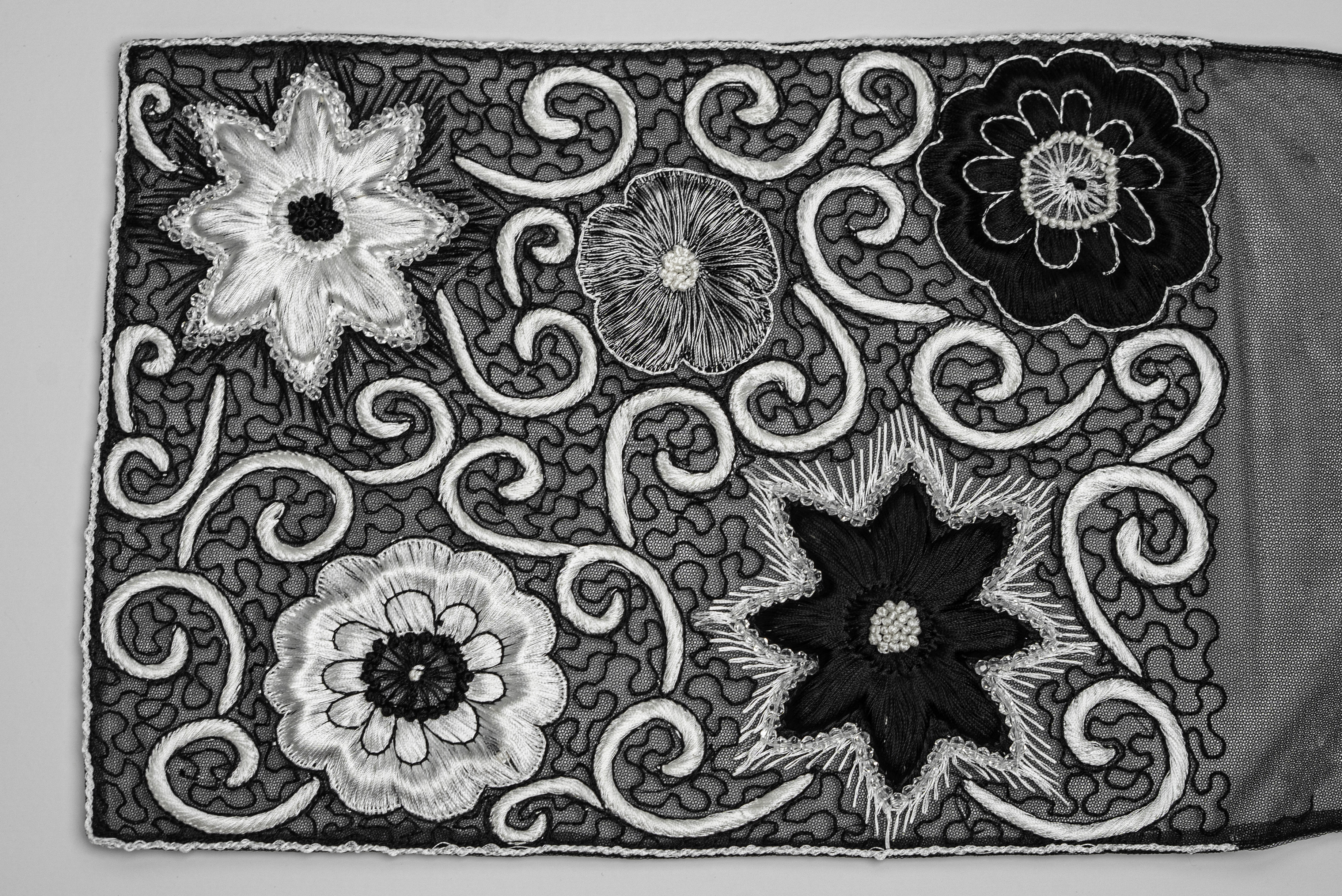 MONOCHROME FLORAL SWIRL EMBROIDERY TULLE
