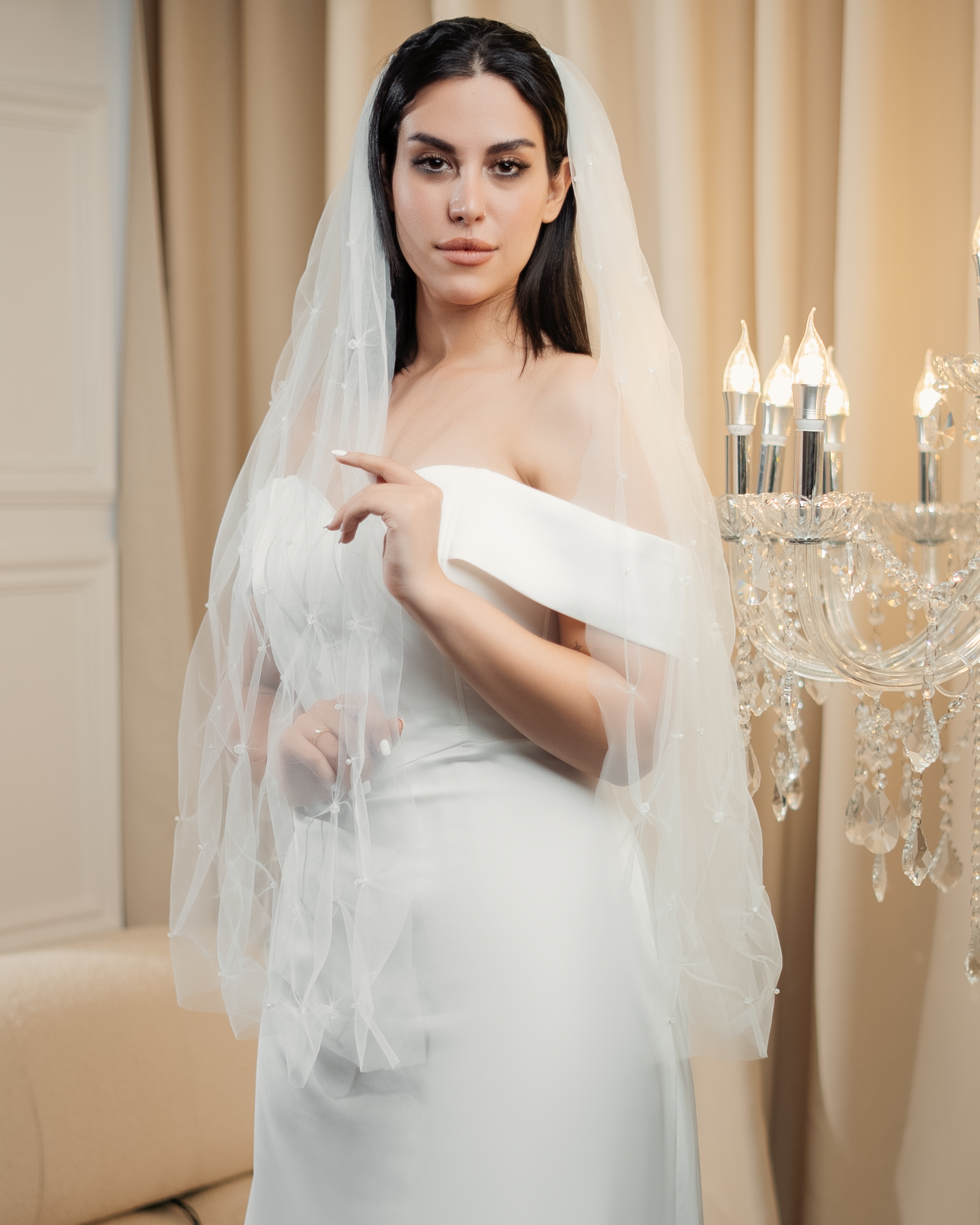 PEARL-EMBELLISHED RIBBON TRIM VEIL