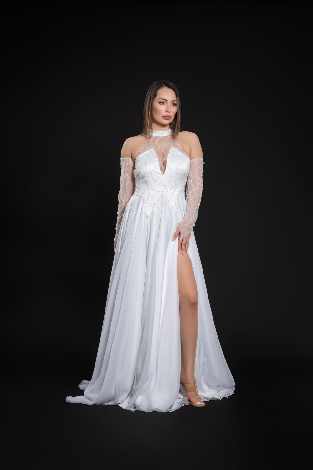 PEARL-ILLUSION CHIFFON GOWN