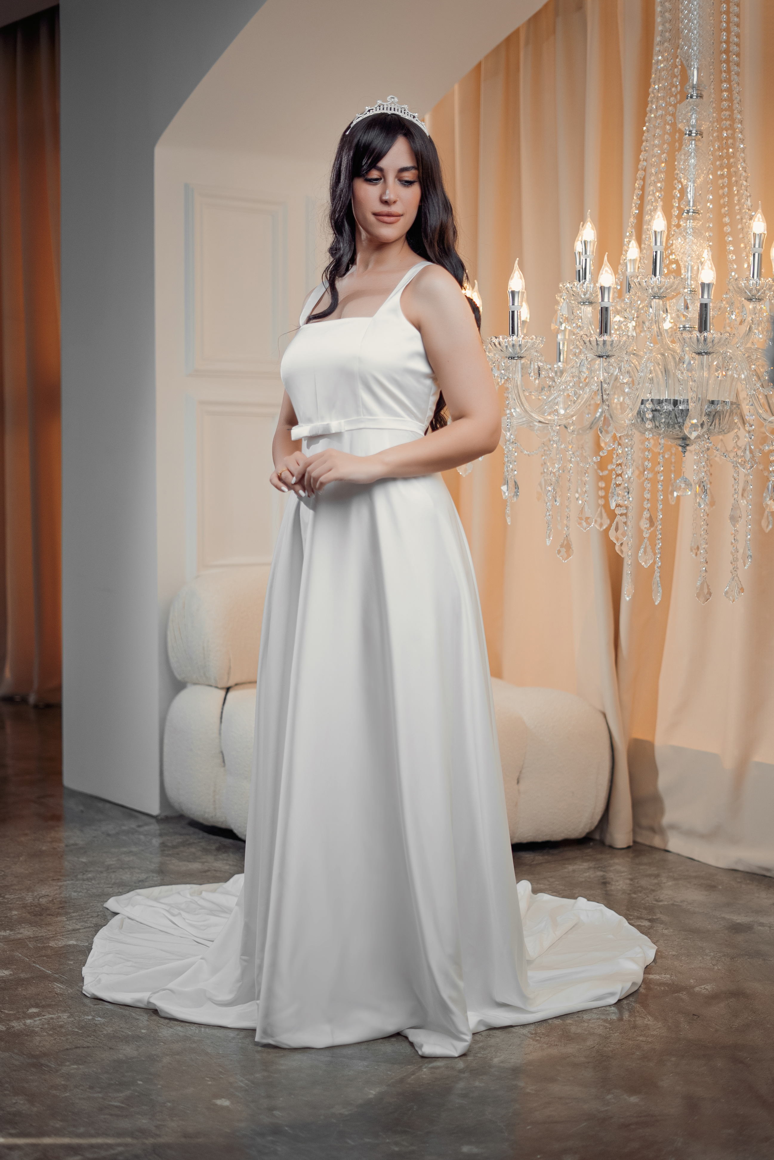 SATIN A-LINE SQUARE-NECK GOWN