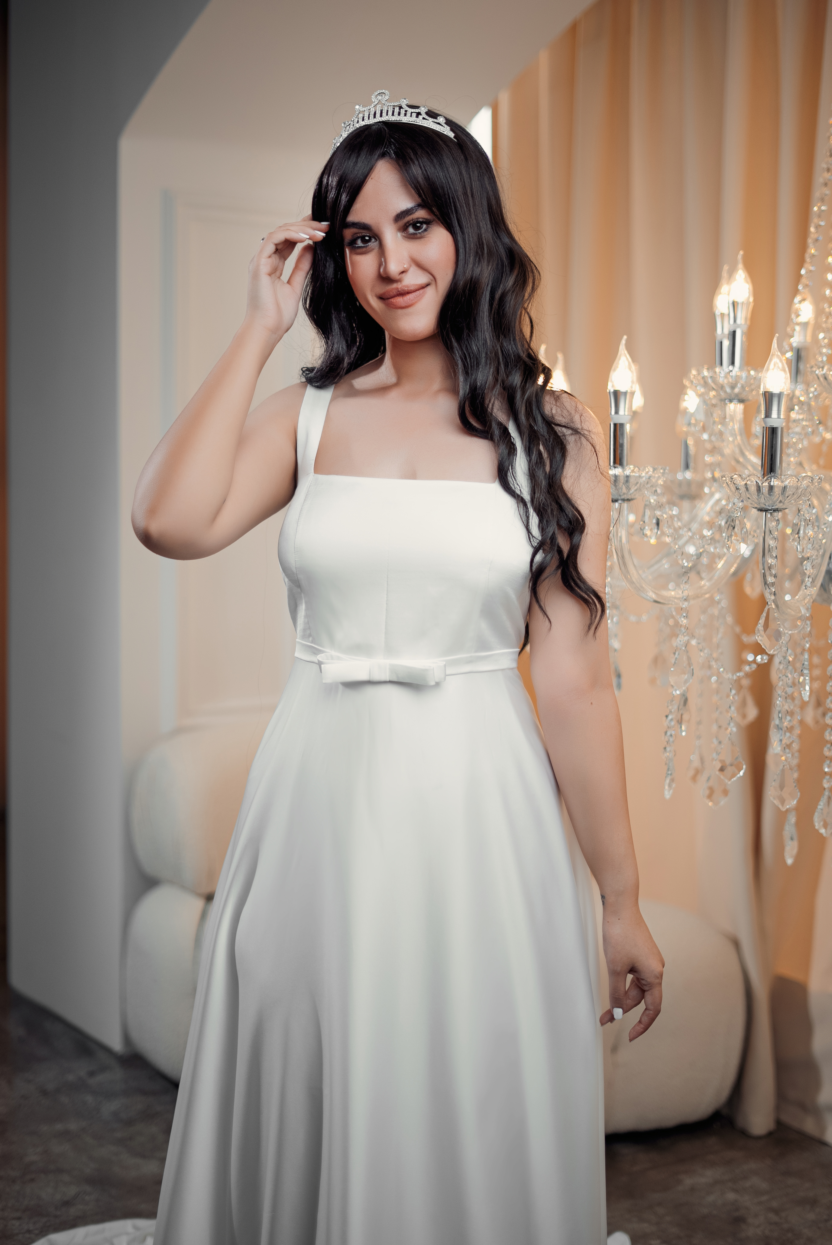 SATIN A-LINE SQUARE-NECK GOWN