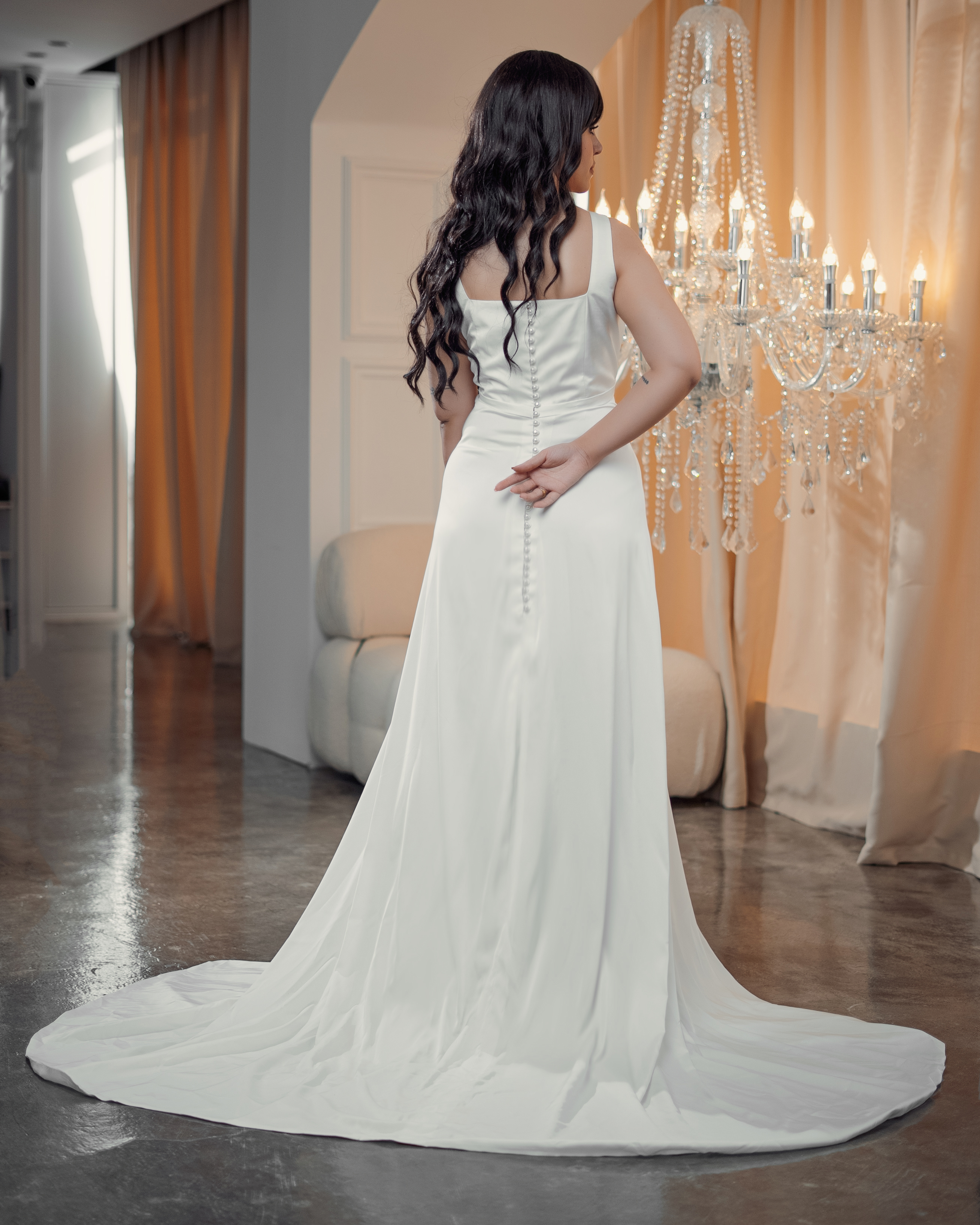 SATIN A-LINE SQUARE-NECK GOWN