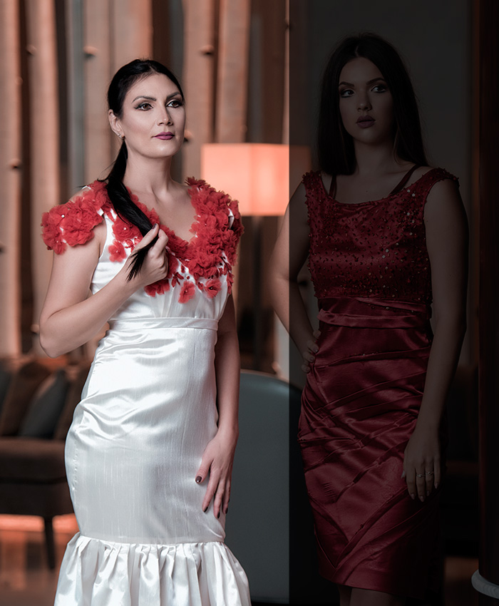 SATIN GOWN WITH RED FLORALS