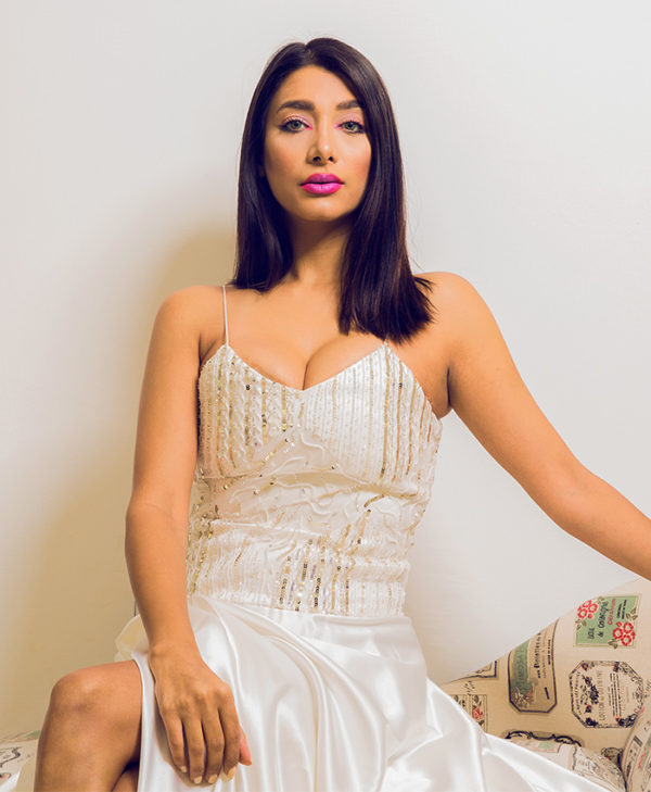 SEQUINED BODICE SATIN GOWN