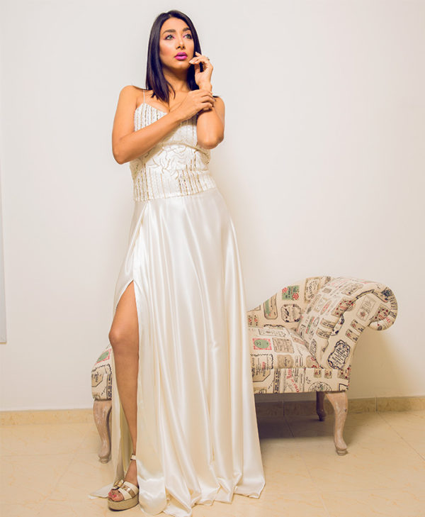 SEQUINED BODICE SATIN GOWN