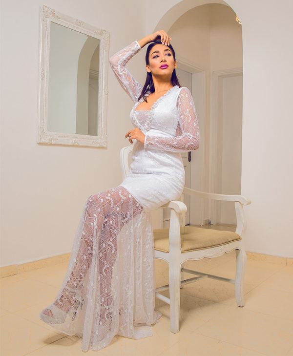 SHEER LACE GOWN WITH LONG SLEEVES