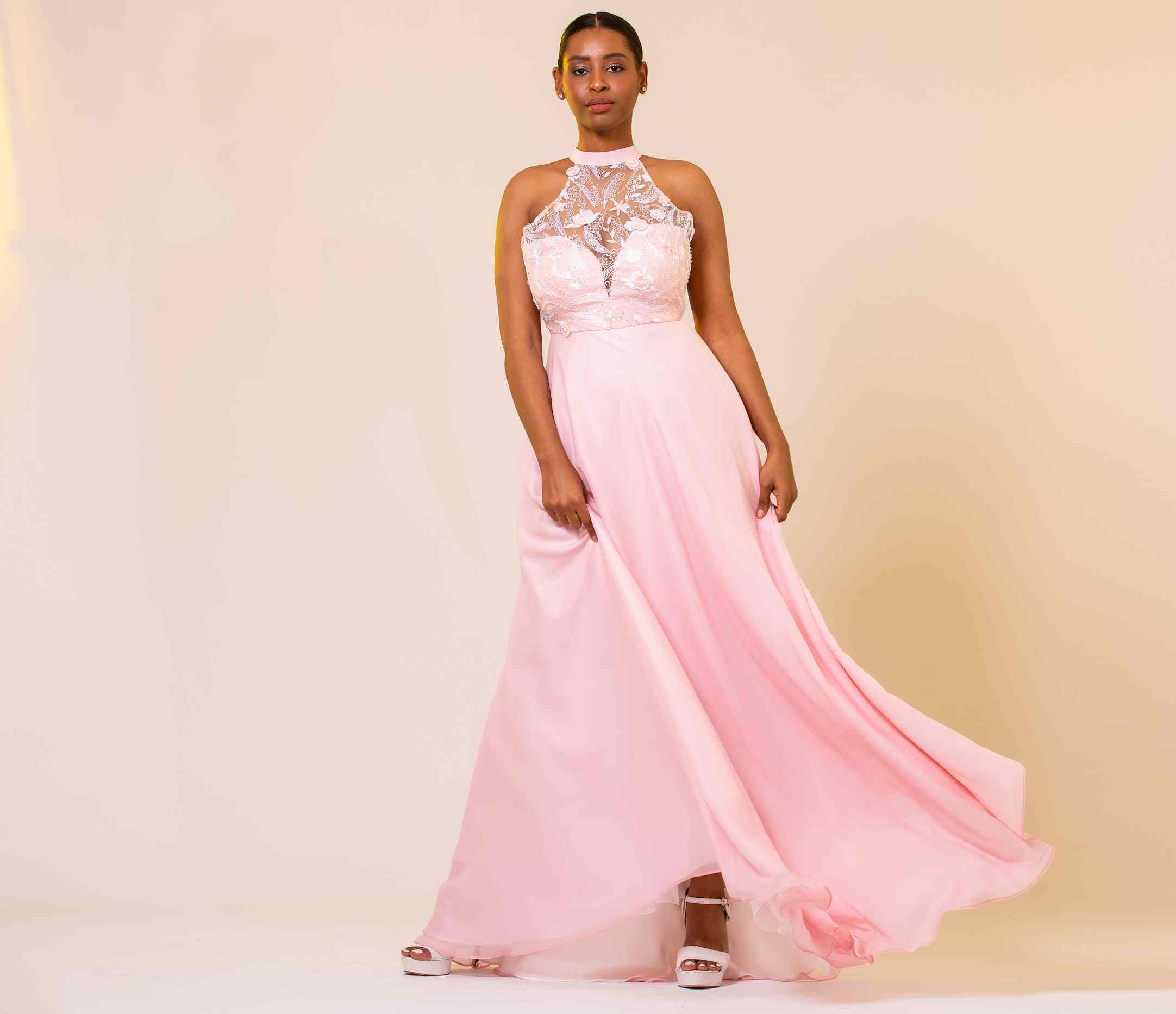 BLUSH PINK LACE HALTER GOWN