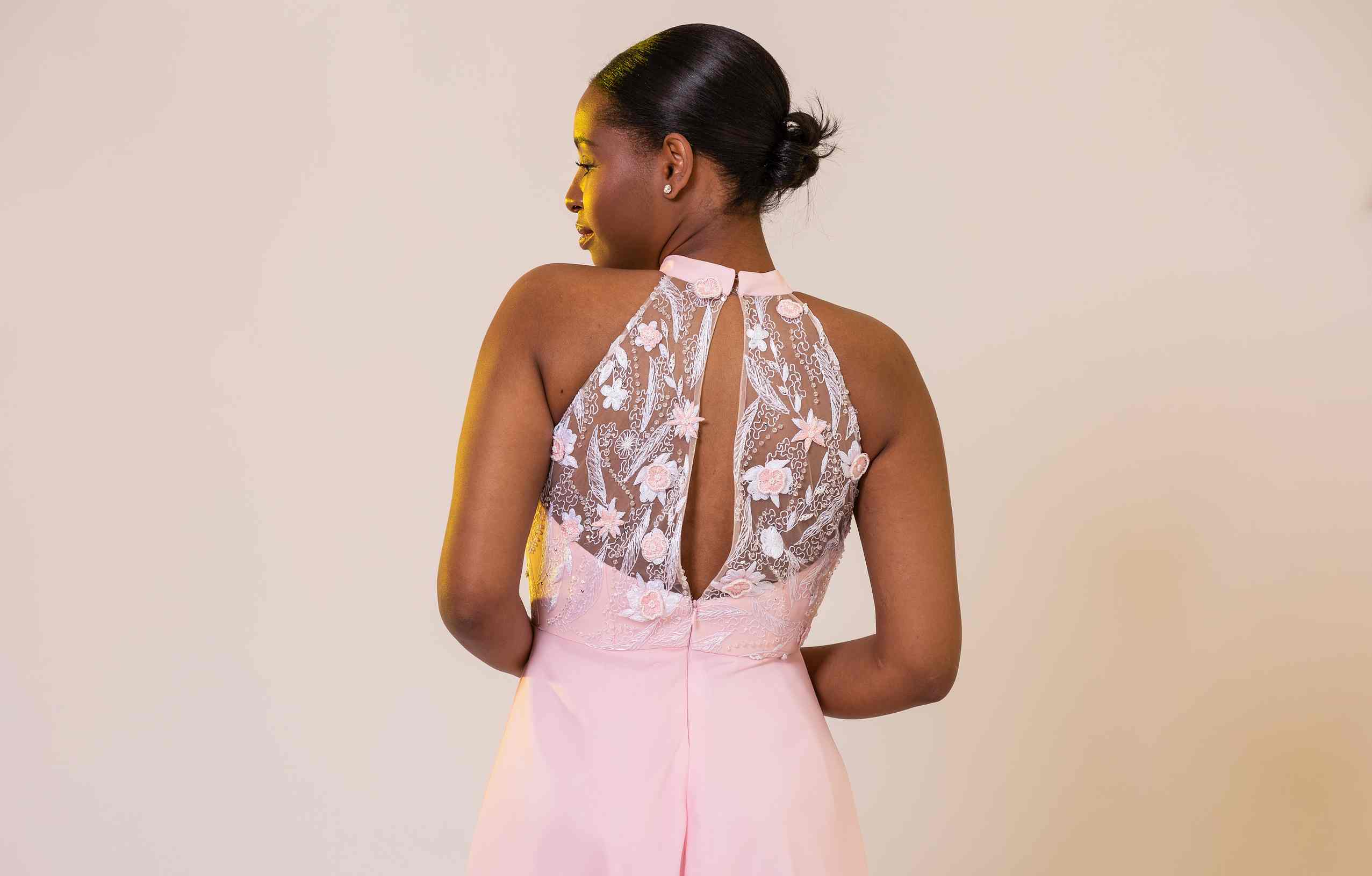 BLUSH PINK LACE HALTER GOWN