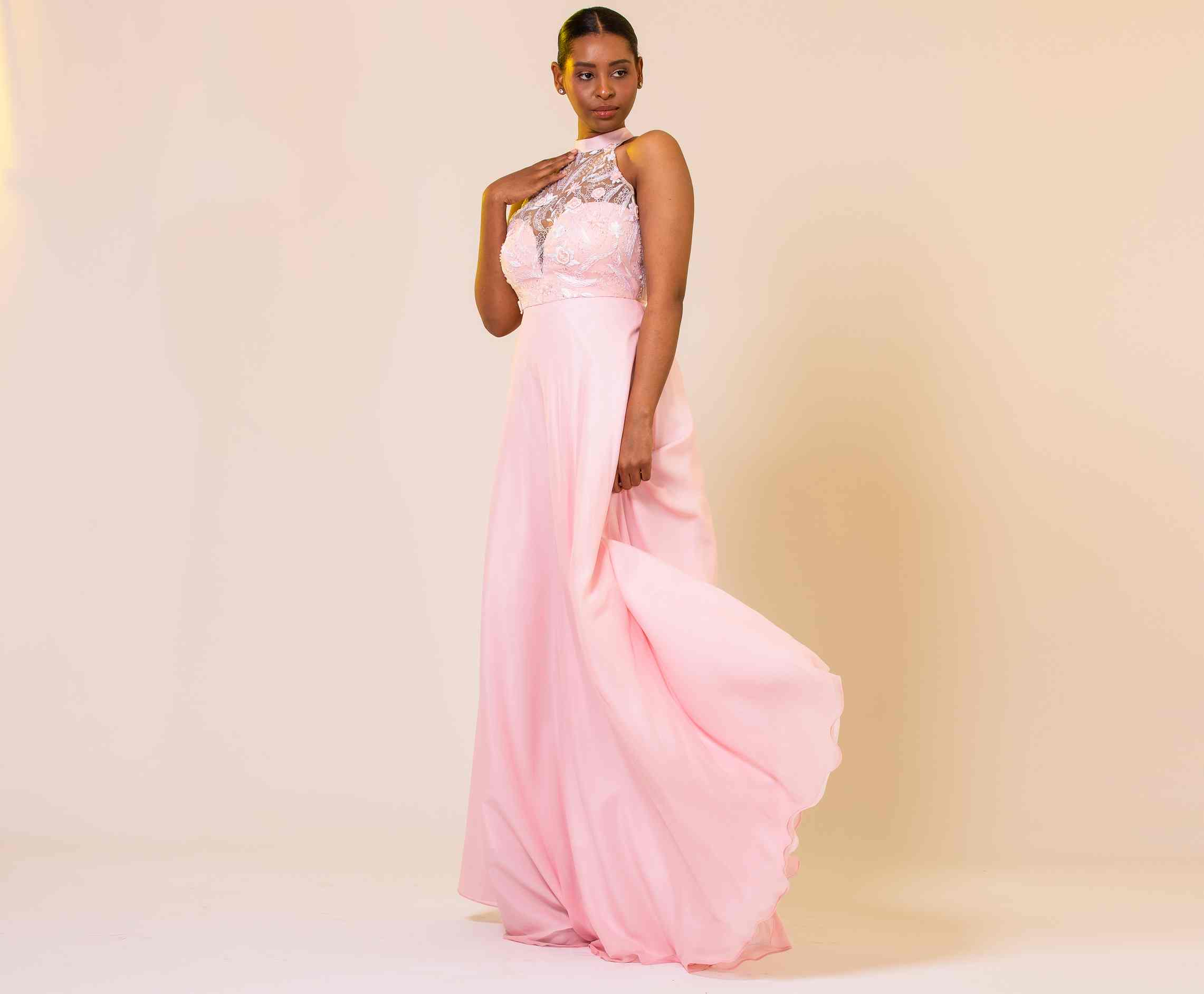 BLUSH PINK LACE HALTER GOWN