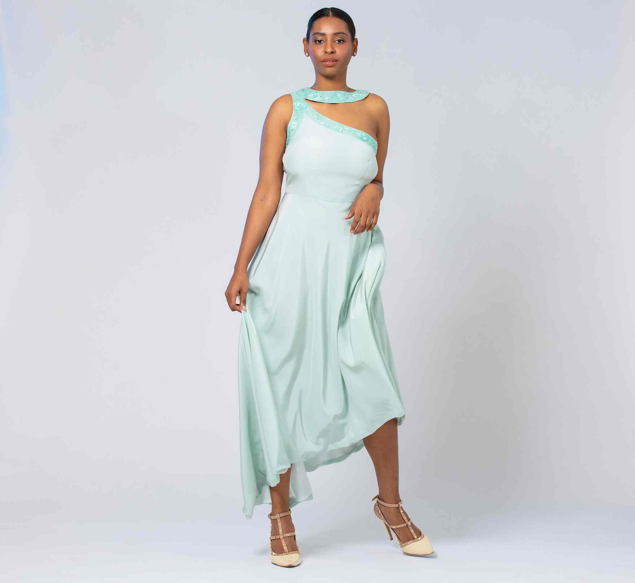 ASYMMETRIC HALTER GOWN