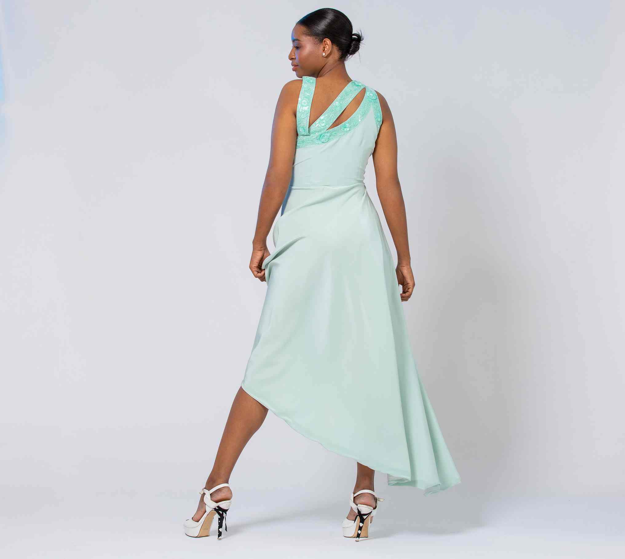 ASYMMETRIC HALTER GOWN