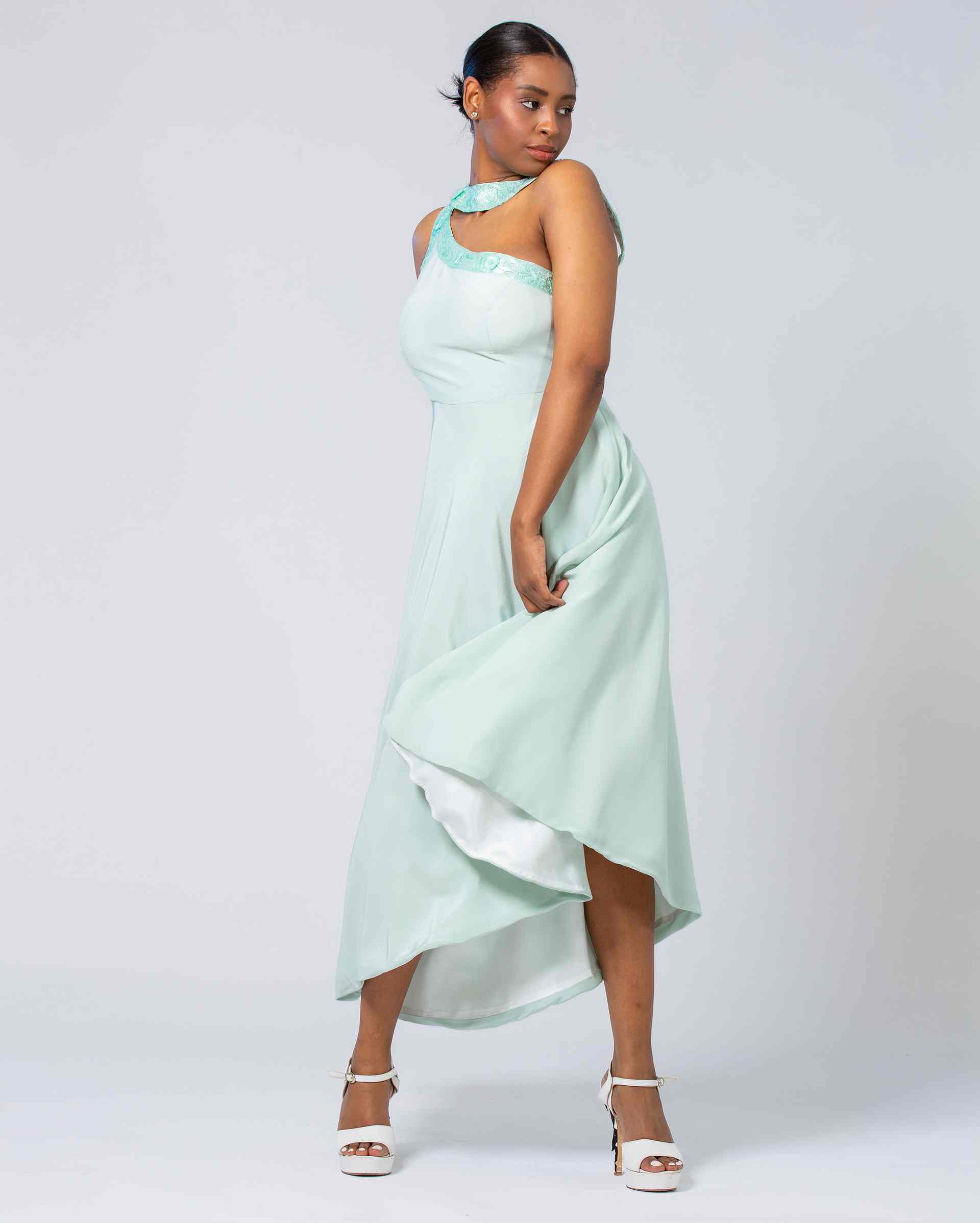 ASYMMETRIC HALTER GOWN